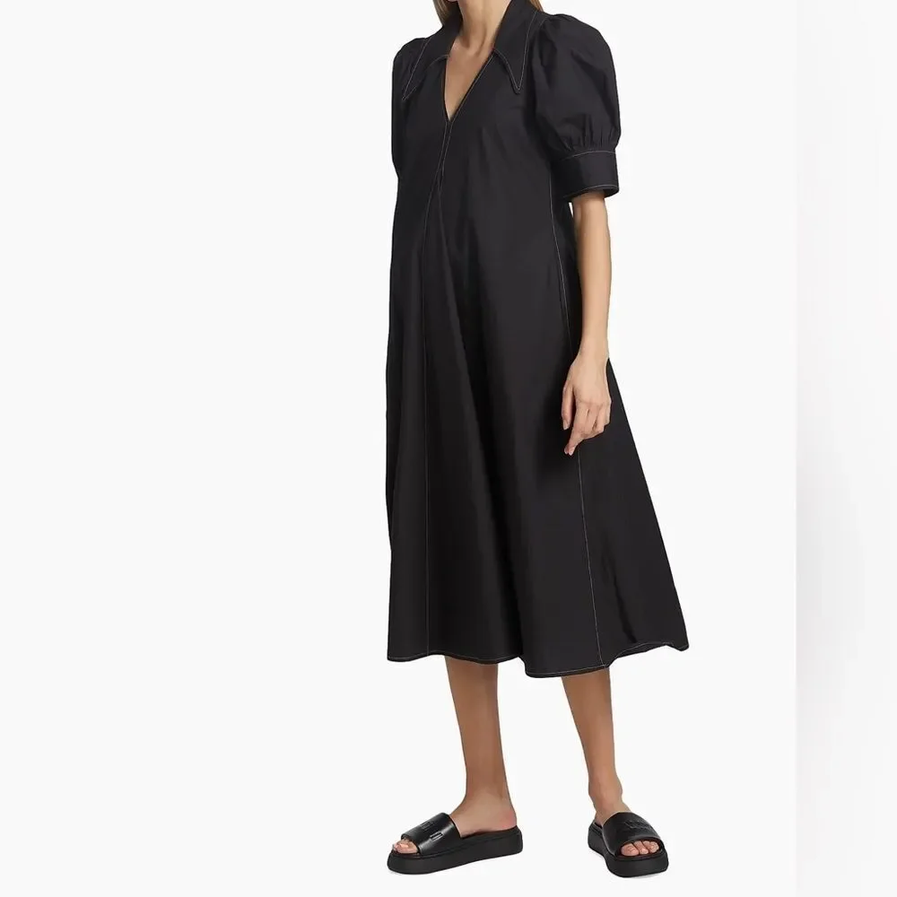 Ganni Cotton Poplin V-Neck Midi Dress, Size Medium - Picture 3 of 7